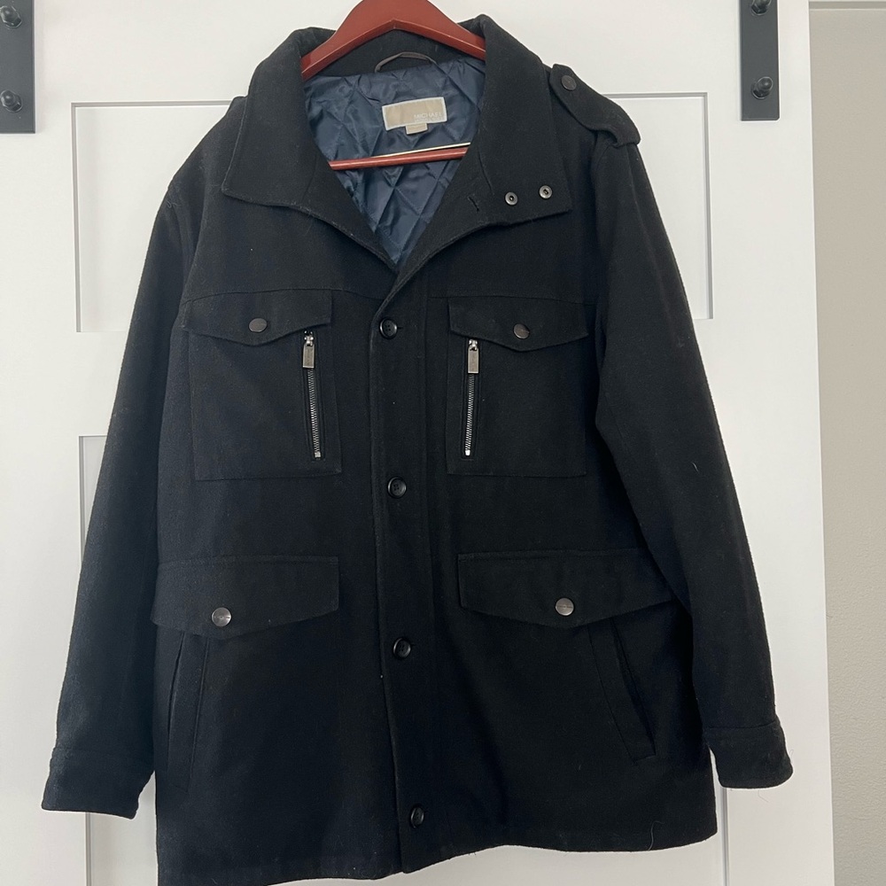Michael Kors Men’s Coat Large T. Black Wool Blend, 4 PocketStyle Pea Coat